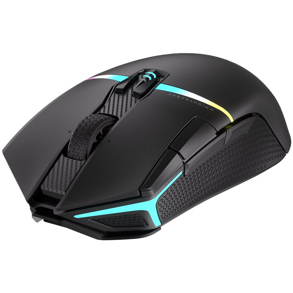 A large main feature product image of Corsair NIGHTSABRE WIRELESS RGB Gaming Mouse
