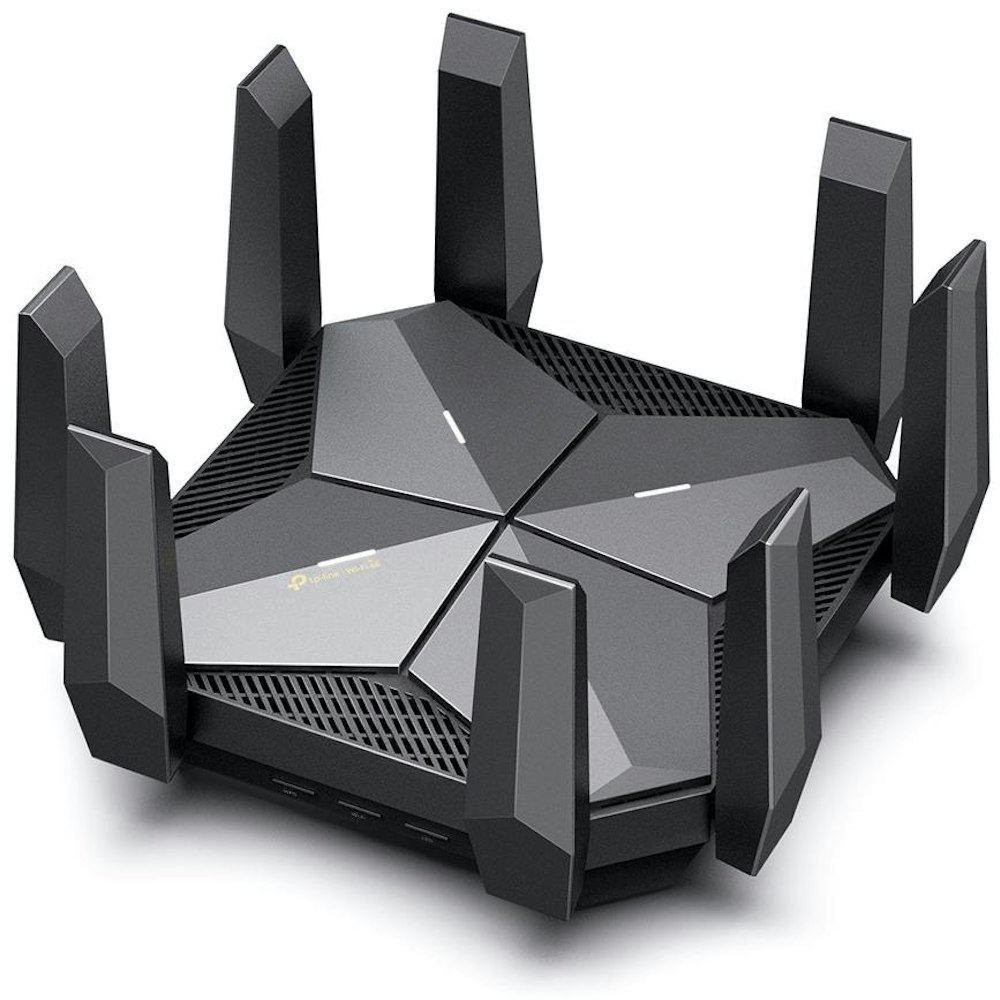 A large main feature product image of TP-Link Archer AXE300 - AXE16000 Quad-Band Wi-Fi 6E Router