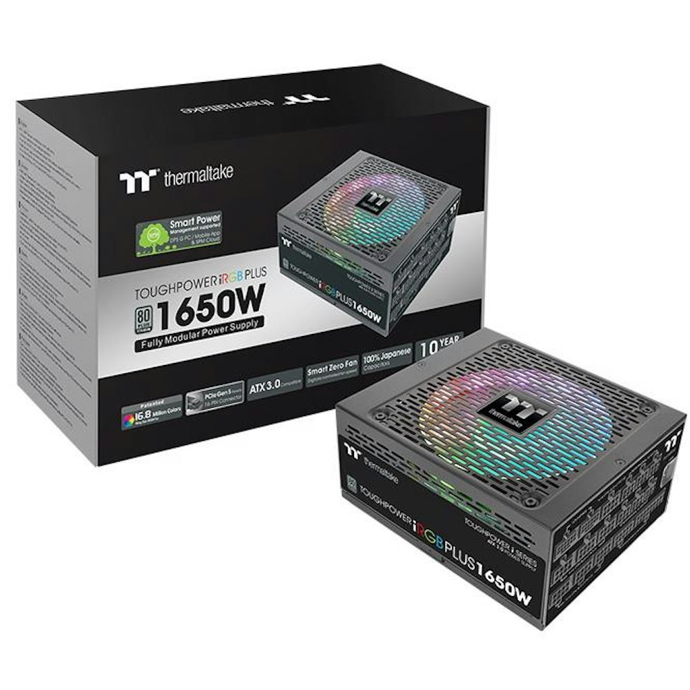 A large main feature product image of Thermaltake Toughpower iRGB PLUS - 1650W 80PLUS Titanium PCIe 5.0 ATX Modular PSU