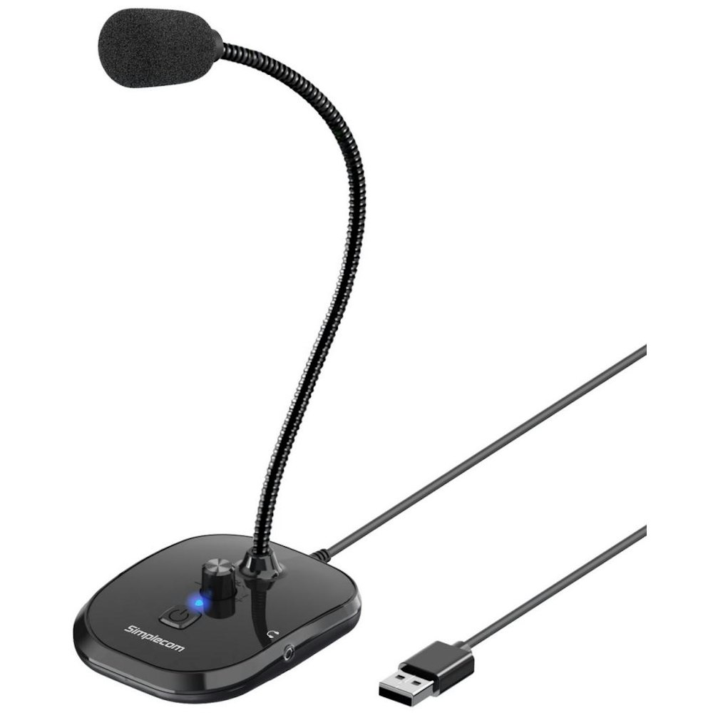 A large main feature product image of Simplecom UM360 Plug and Play USB Desktop Microphone with Headphone Jack