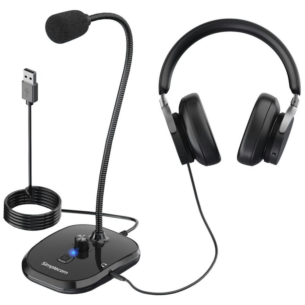 A large main feature product image of Simplecom UM360 Plug and Play USB Desktop Microphone with Headphone Jack