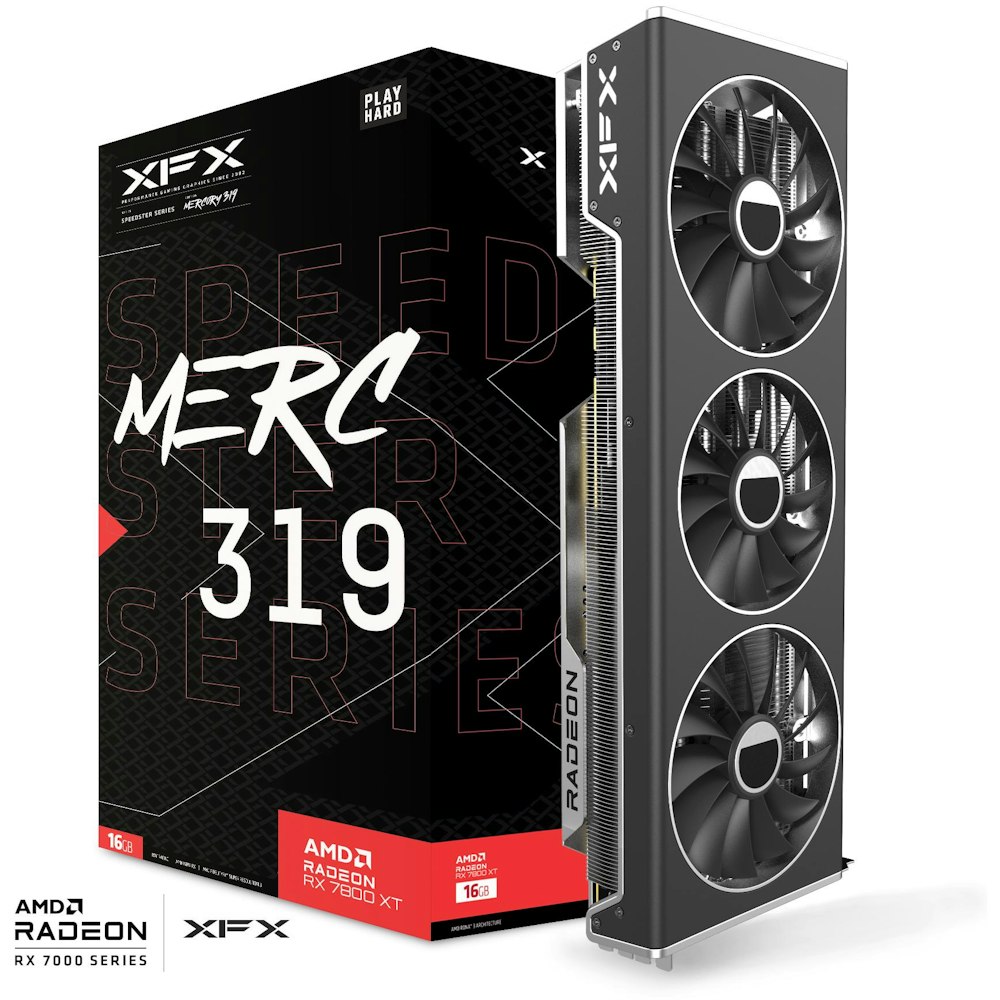 A large main feature product image of XFX Radeon RX 7800 XT Speedster MERC 319 16GB GDDR6