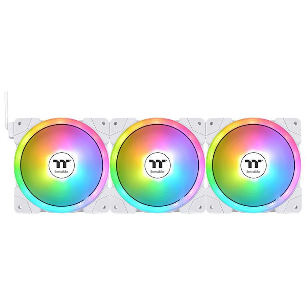 A large main feature product image of Thermaltake SWAFAN EX14 ARGB 3-Pack 140mm PWM Cooling Fan - White