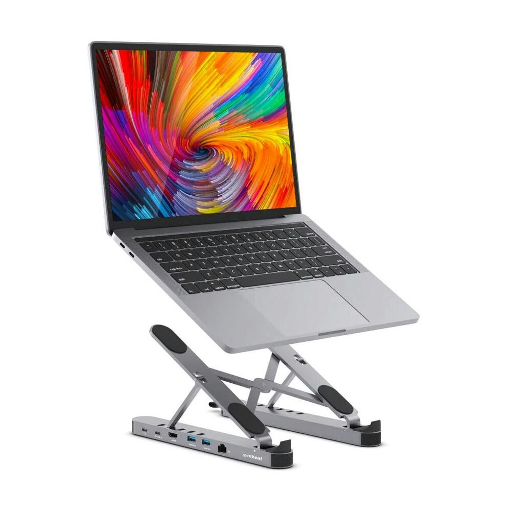 A large main feature product image of mBeat Stage P5 Portable Laptop Stand with USB-C Docking Station