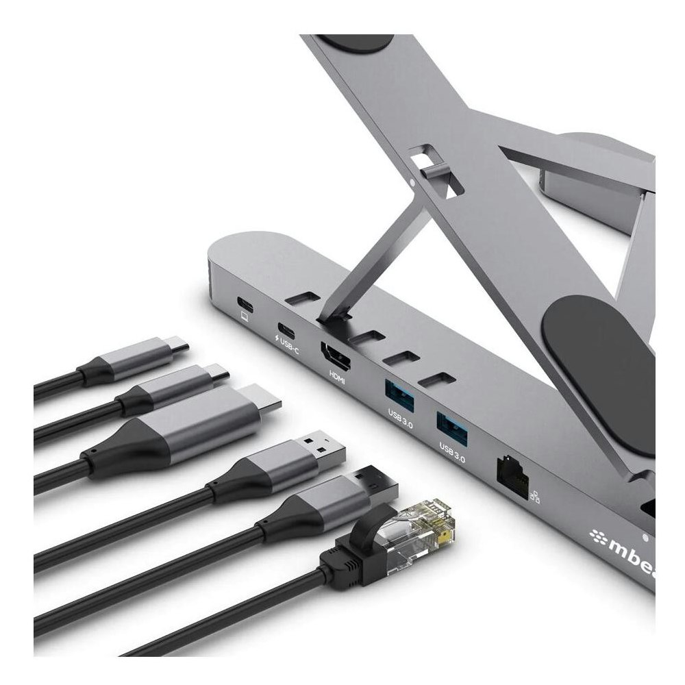A large main feature product image of mBeat Stage P5 Portable Laptop Stand with USB-C Docking Station