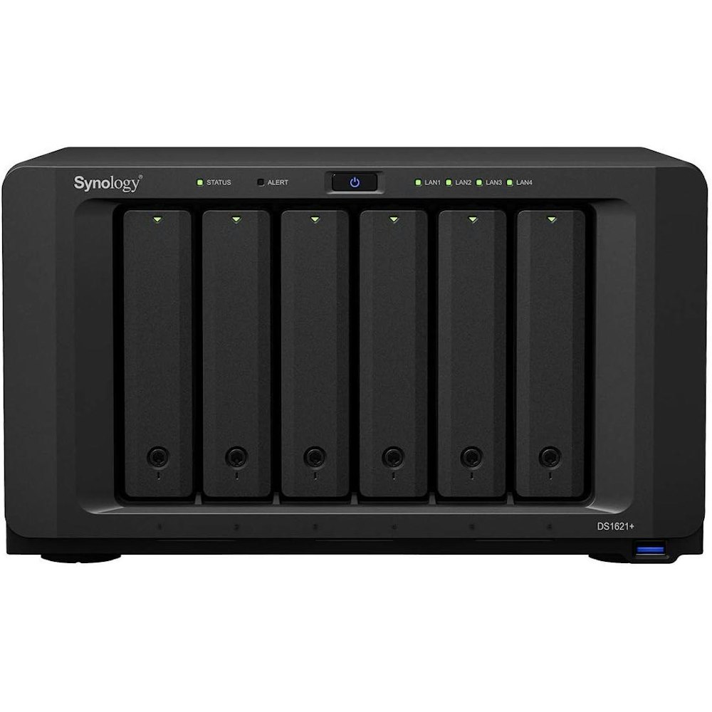 A large main feature product image of Synology DiskStation DS1621+ Quad Core 2.2GHz 4GB 6 Bay NAS Enclosure