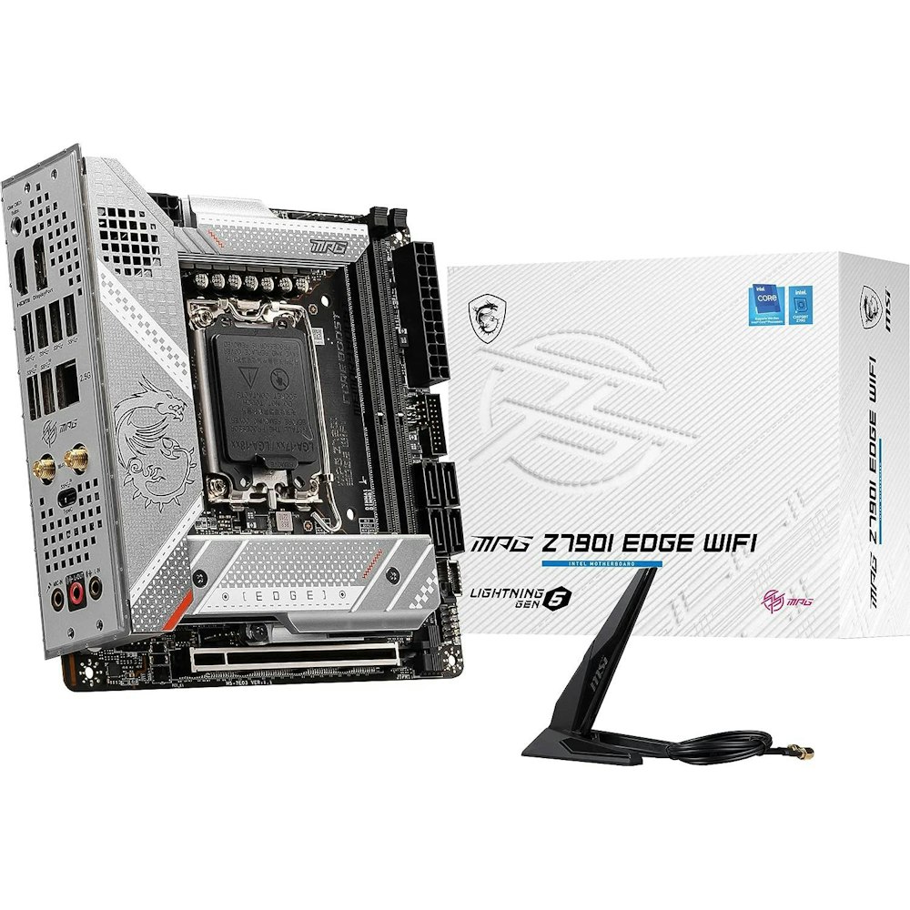 A large main feature product image of MSI MPG Z790I Edge WiFi LGA1700 mITX Desktop Motherboard
