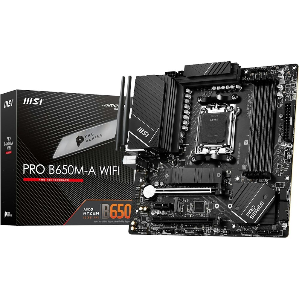 A large main feature product image of MSI PRO B650M-A WiFi AM5 mATX Desktop Motherboard