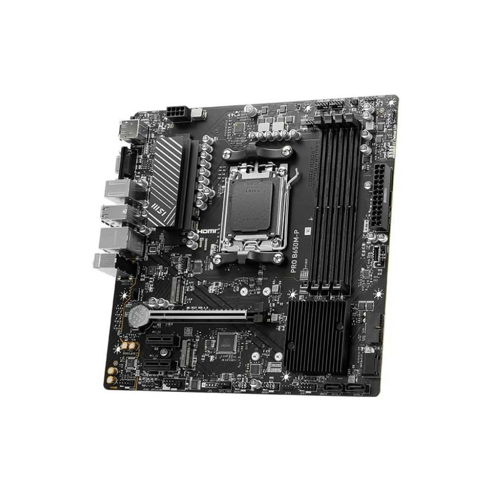 A large main feature product image of MSI PRO B650M-P AM5 mATX Desktop Motherboard
