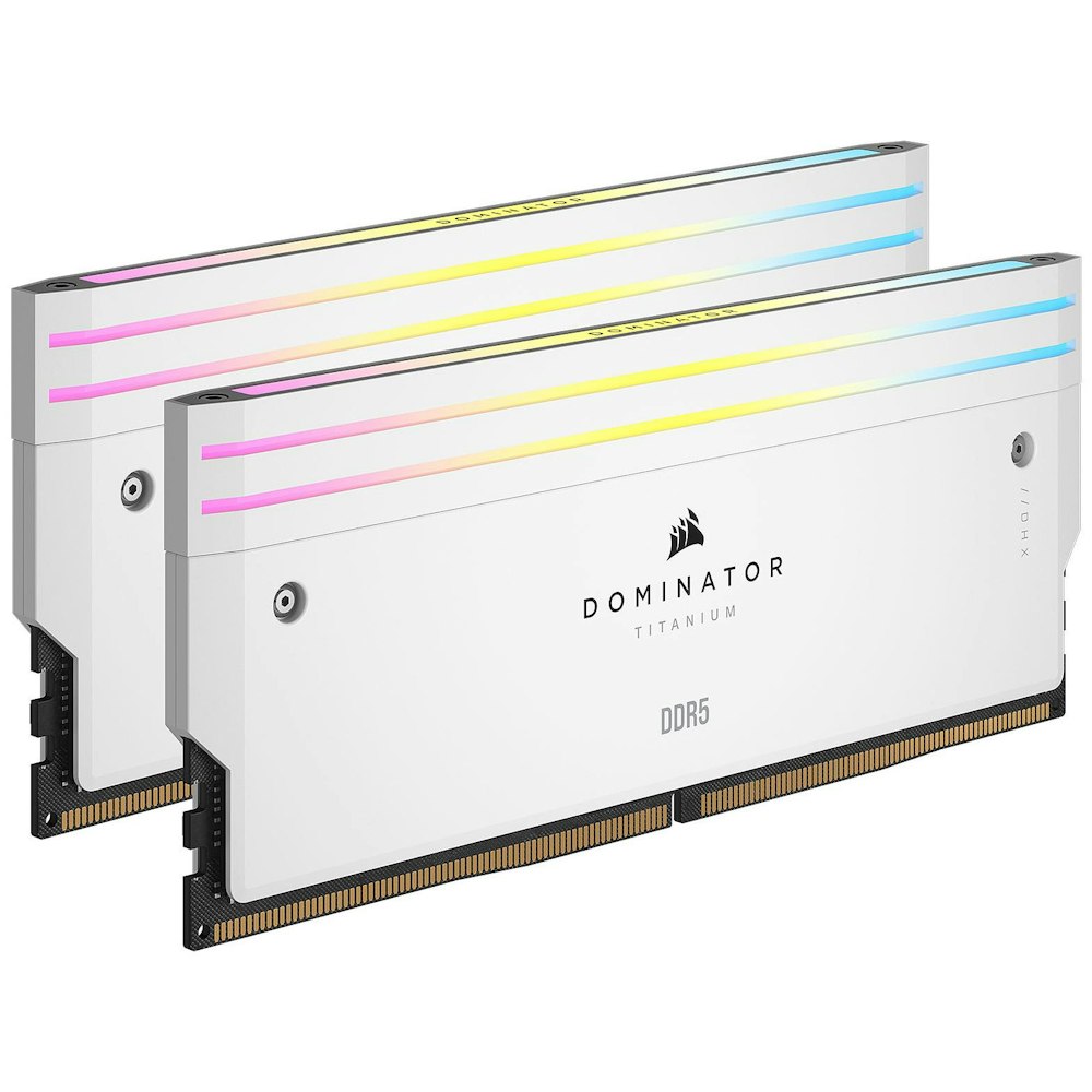 A large main feature product image of Corsair 32GB (2x16GB) DDR5 Dominator Titanium RGB C32 6600MHz - White