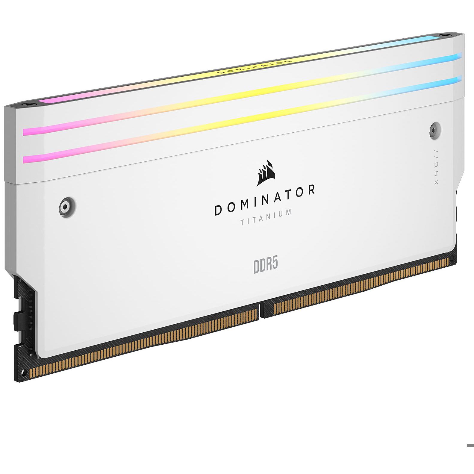 A large main feature product image of Corsair Dominator Titanium RGB 64GB Kit (2x32GB) XMP DDR5-6400 C32 (White)