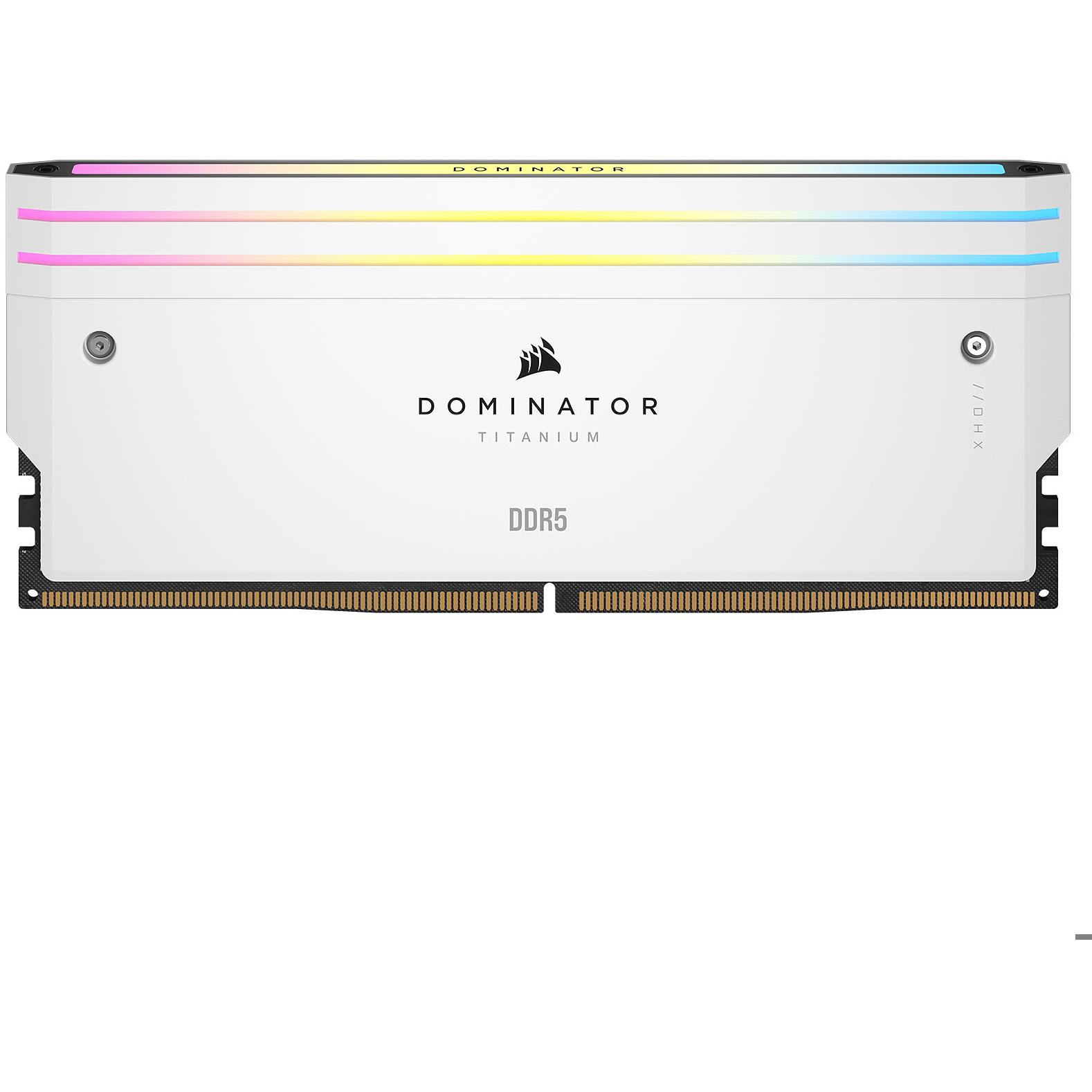 A large main feature product image of Corsair Dominator Titanium RGB 32GB Kit (2x16GB) XMP DDR5-6400 C32 (White)