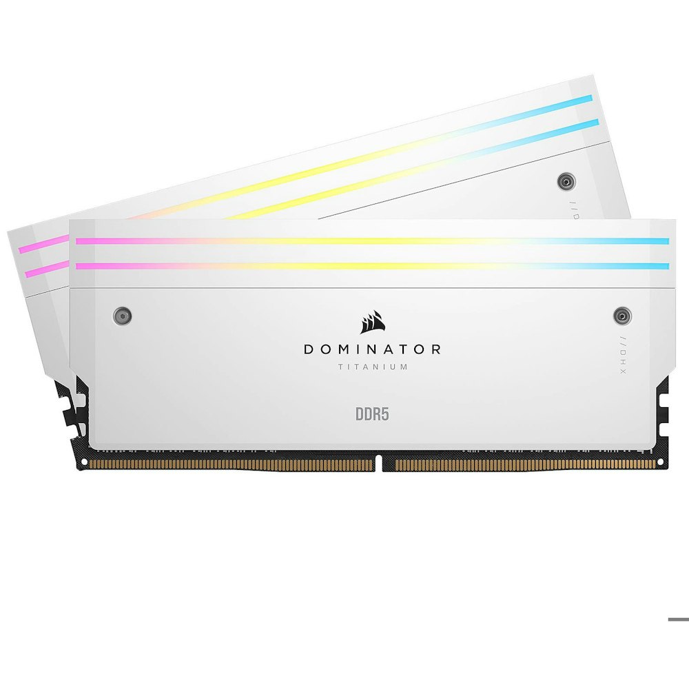 A large main feature product image of Corsair 32GB (2x16GB) DDR5 Dominator Titanium RGB C34 7200MHz - White