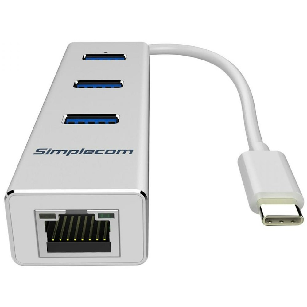 A large main feature product image of Simplecom CHN421 USB-C to 3 Port USB-A HUB w/ Gigabit Ethernet Adapter - Silver