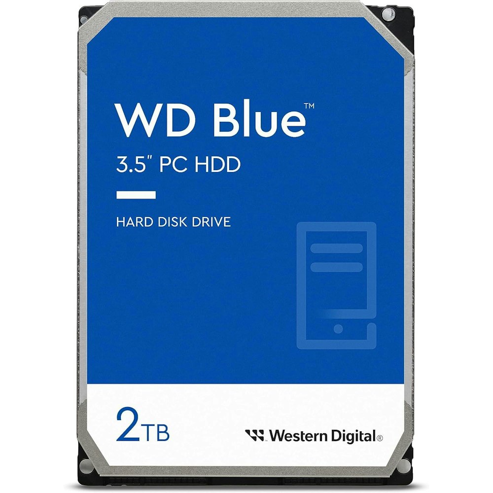 A large main feature product image of WD Blue 3.5" Desktop HDD - 2TB 256MB