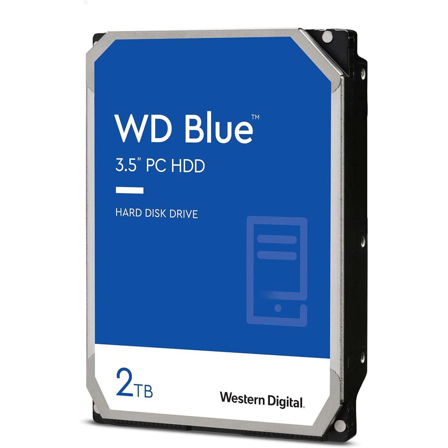 A large main feature product image of WD Blue 3.5" Desktop HDD - 2TB 256MB
