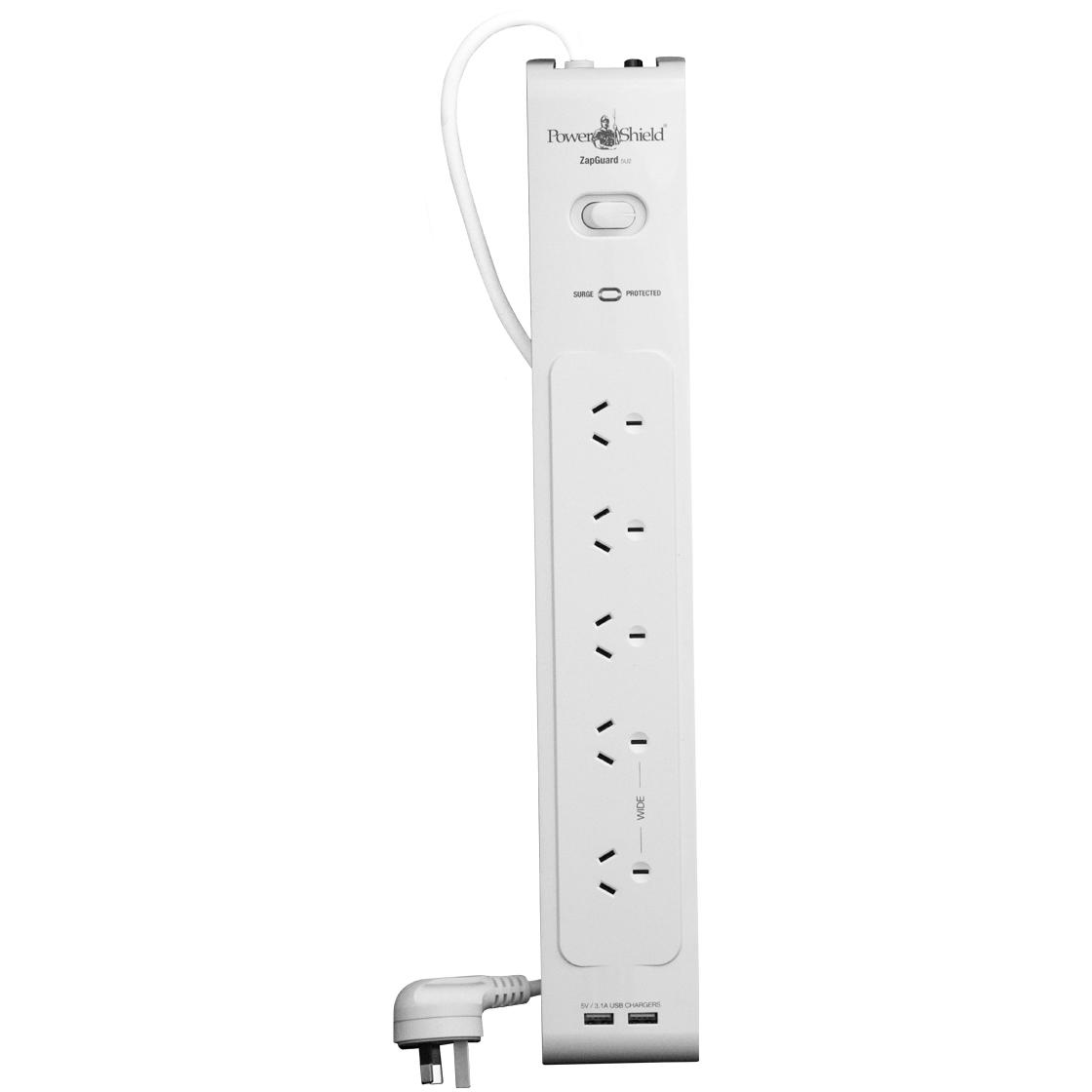 A large main feature product image of PowerShield ZapGuard - 5-Way Surge Board with Quick USB Charging