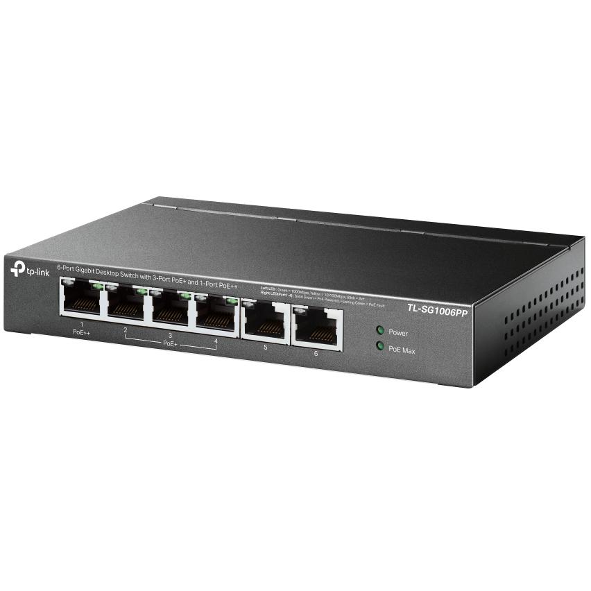 A large main feature product image of TP-Link SG1006PP - 6-Port Gigabit Desktop Switch with 3-Port PoE+ & 1-Port PoE++