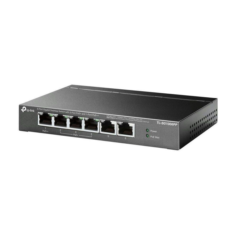 A large main feature product image of TP-Link SG1006PP - 6-Port Gigabit Desktop Switch with 3-Port PoE+ & 1-Port PoE++