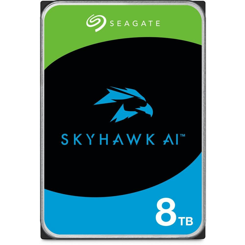 A large main feature product image of Seagate SkyHawk AI 3.5" Surveillance HDD - 8TB 256MB
