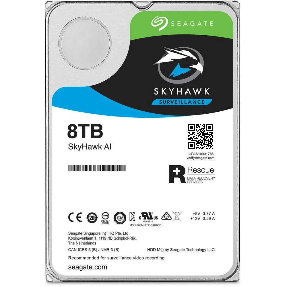 A large main feature product image of Seagate SkyHawk AI 3.5" Surveillance HDD - 8TB 256MB