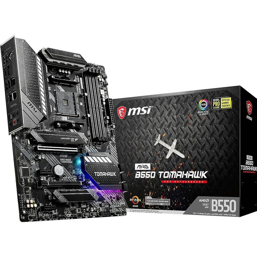 A large main feature product image of MSI MAG B550 Tomahawk AM4 ATX Desktop Motherboard