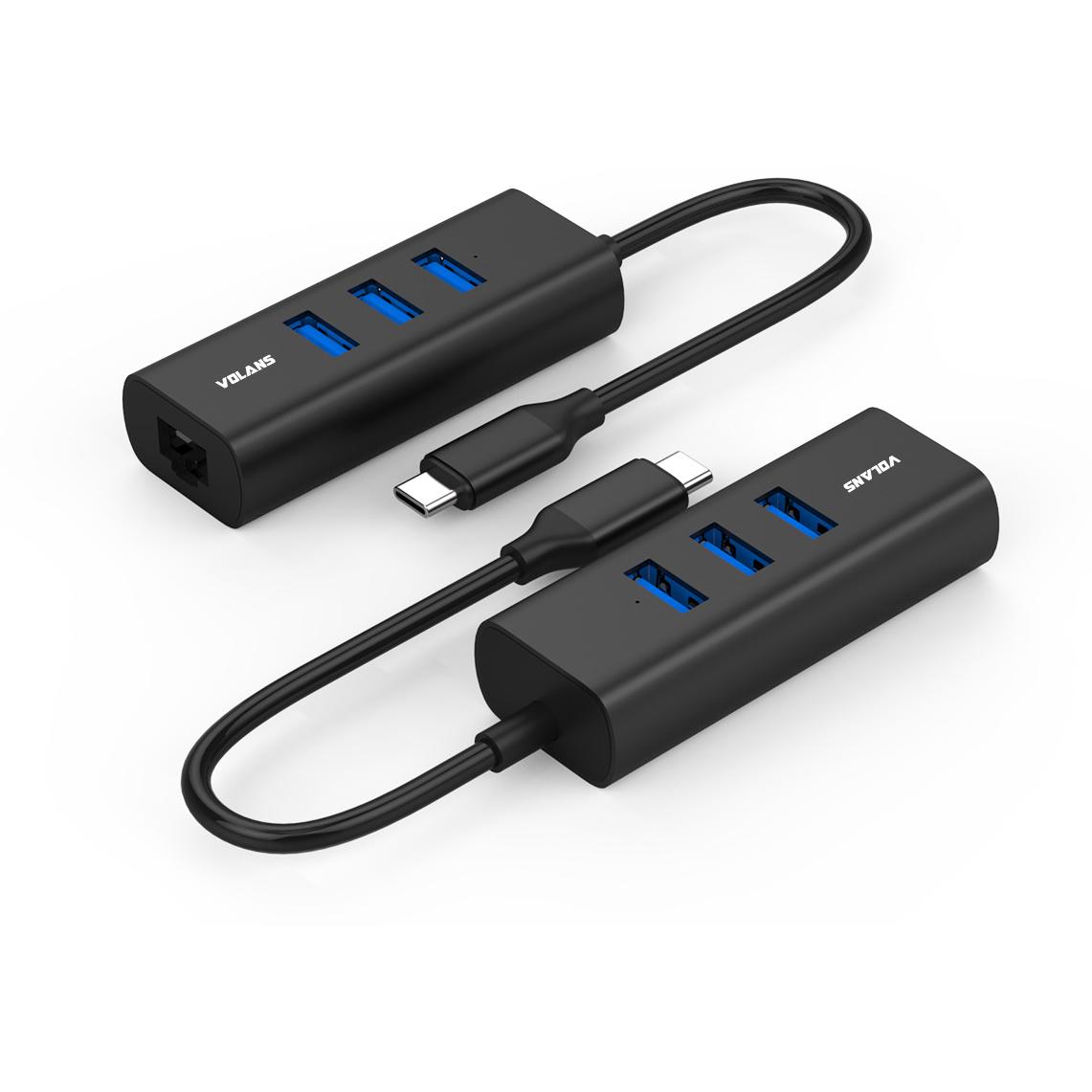 A large main feature product image of Volans HJ45-C2 Aluminium USB Type-C (Gen 2) to 3-Port Hub & Gigabit Ethernet Adapter