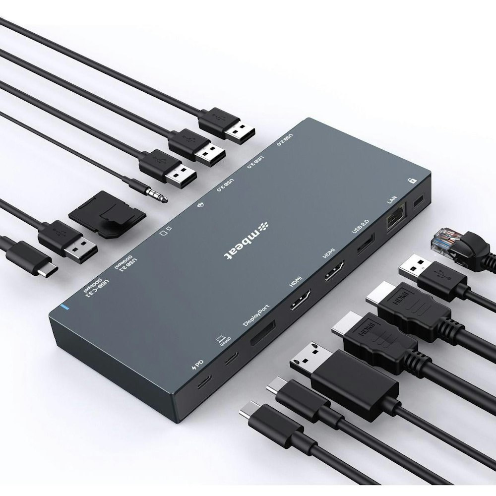 A large main feature product image of mBeat 15-in-1 USB-C Triple Display Dock