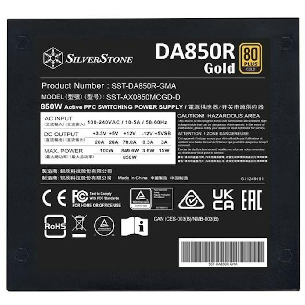 A large main feature product image of SilverStone DA850R-GMA 850W Gold PCIe Gen5 ATX Modular PSU