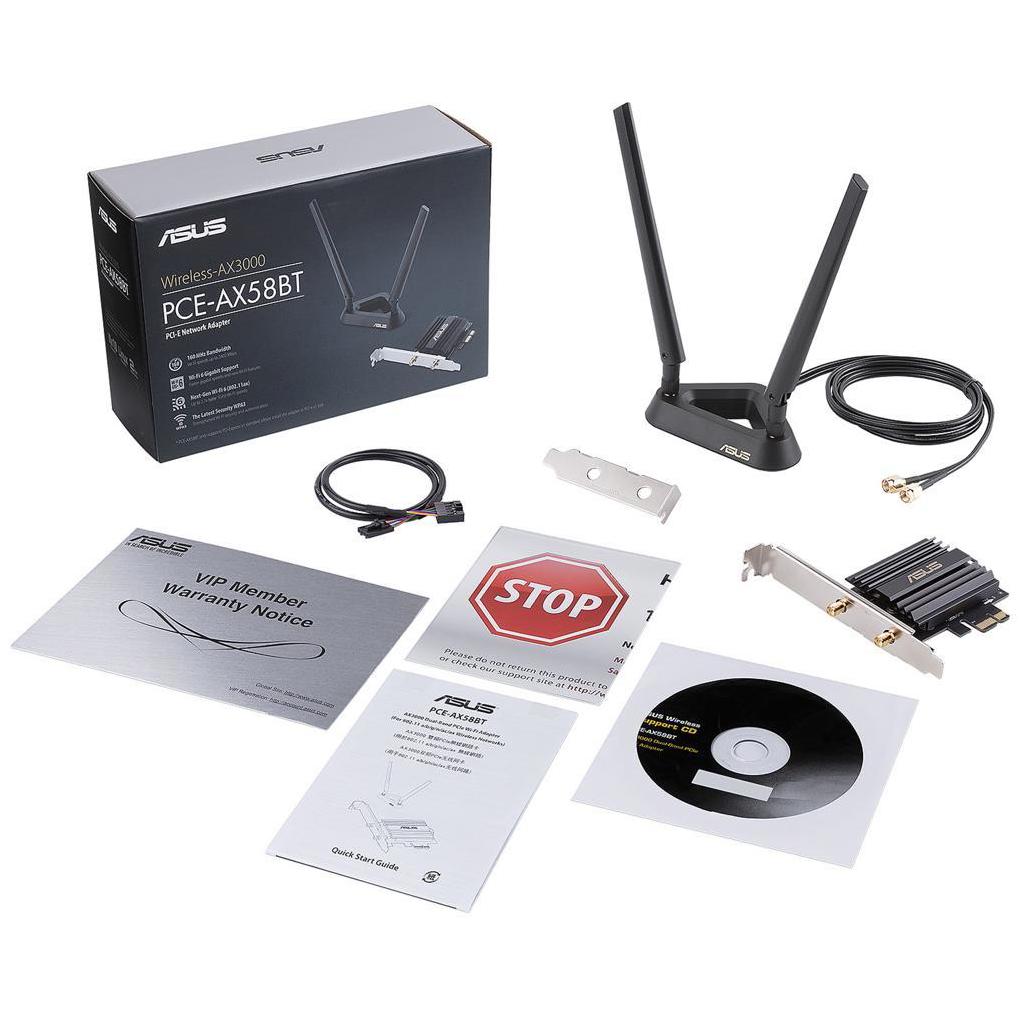 A large main feature product image of ASUS PCE-AX58BT 802.11ax Dual-Band Wireless-AX3000 PCIe Adapter with Bluetooth 5.2