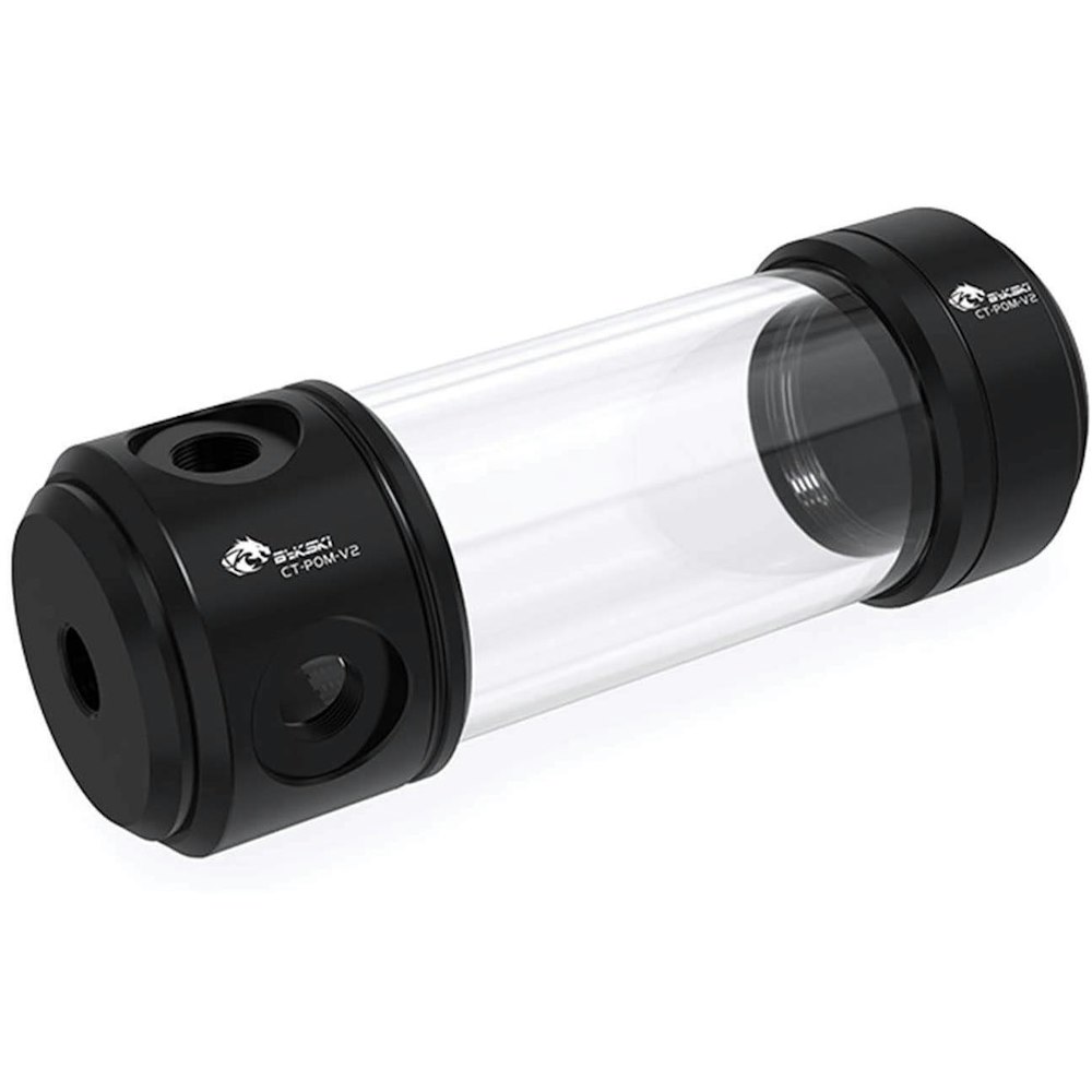 A large main feature product image of Bykski CT-POM-V2 150mm Acrylic Transparent Reservoir Tank 150mm Black