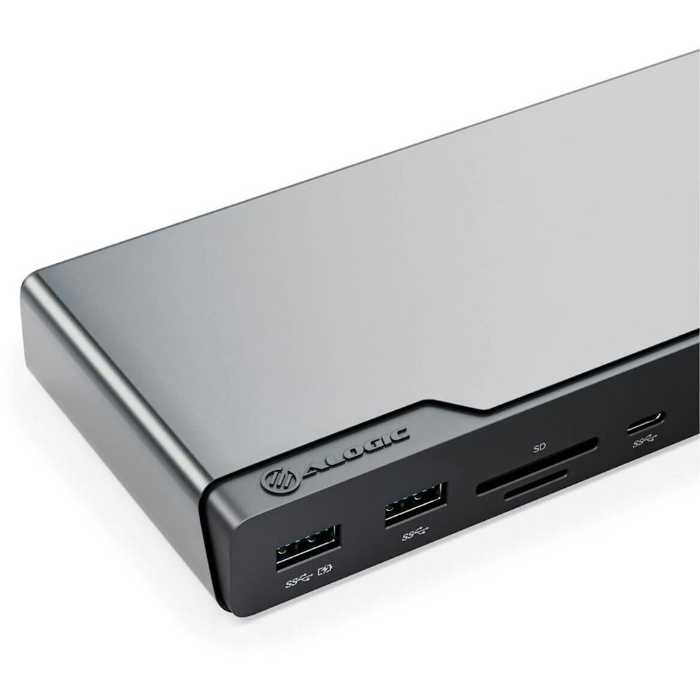 A large main feature product image of ALOGIC DV4 Universal Quad Display Docking Station