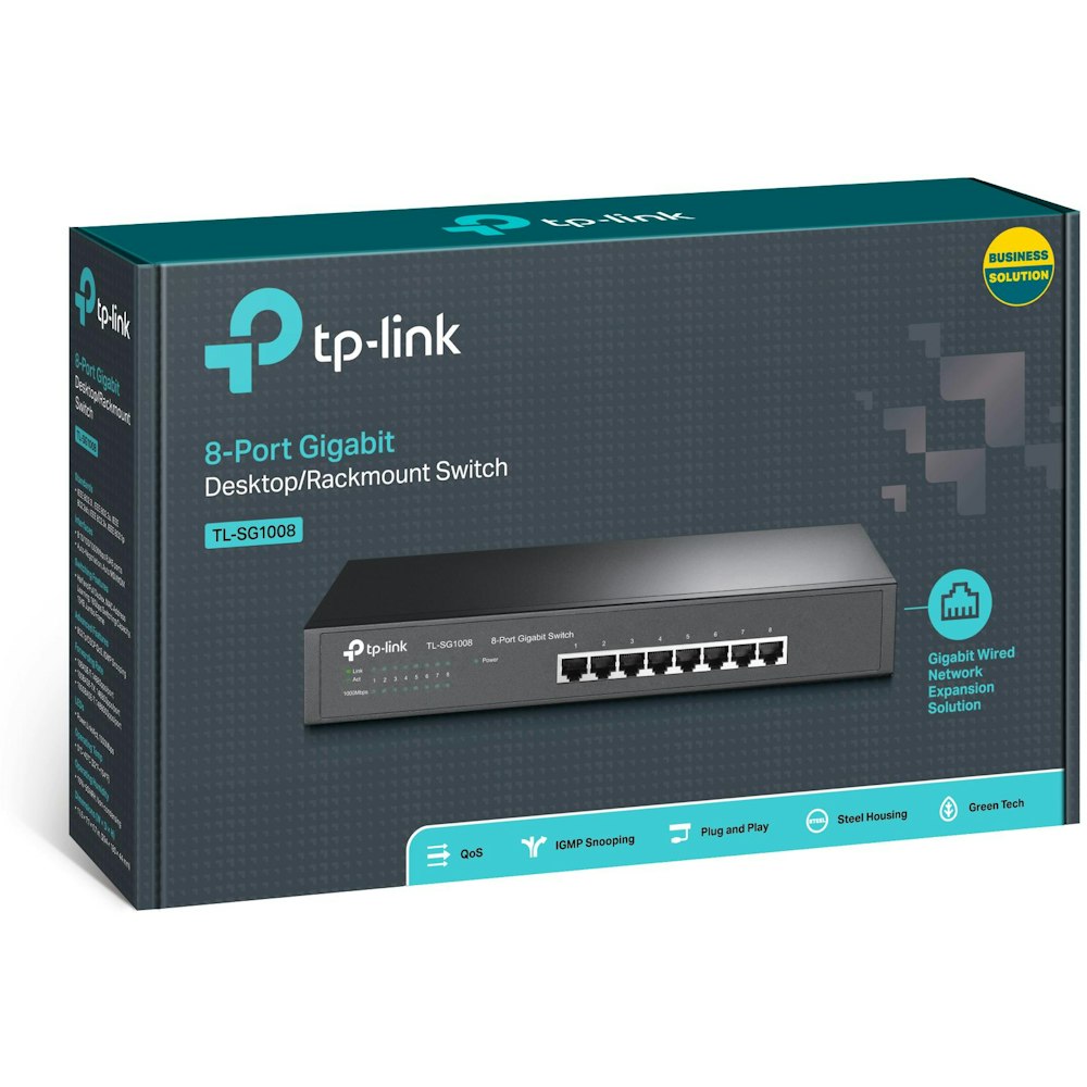 A large main feature product image of TP-Link SG1008 - 8-Port Gigabit Desktop/Rackmount Switch
