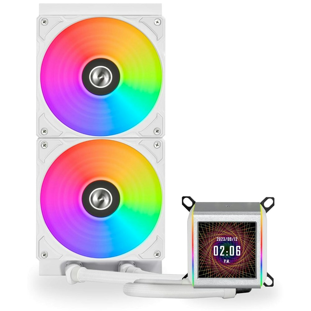 A large main feature product image of Lian Li Galahad II LCD 280 RGB 280mm AIO Liquid CPU Cooler - White