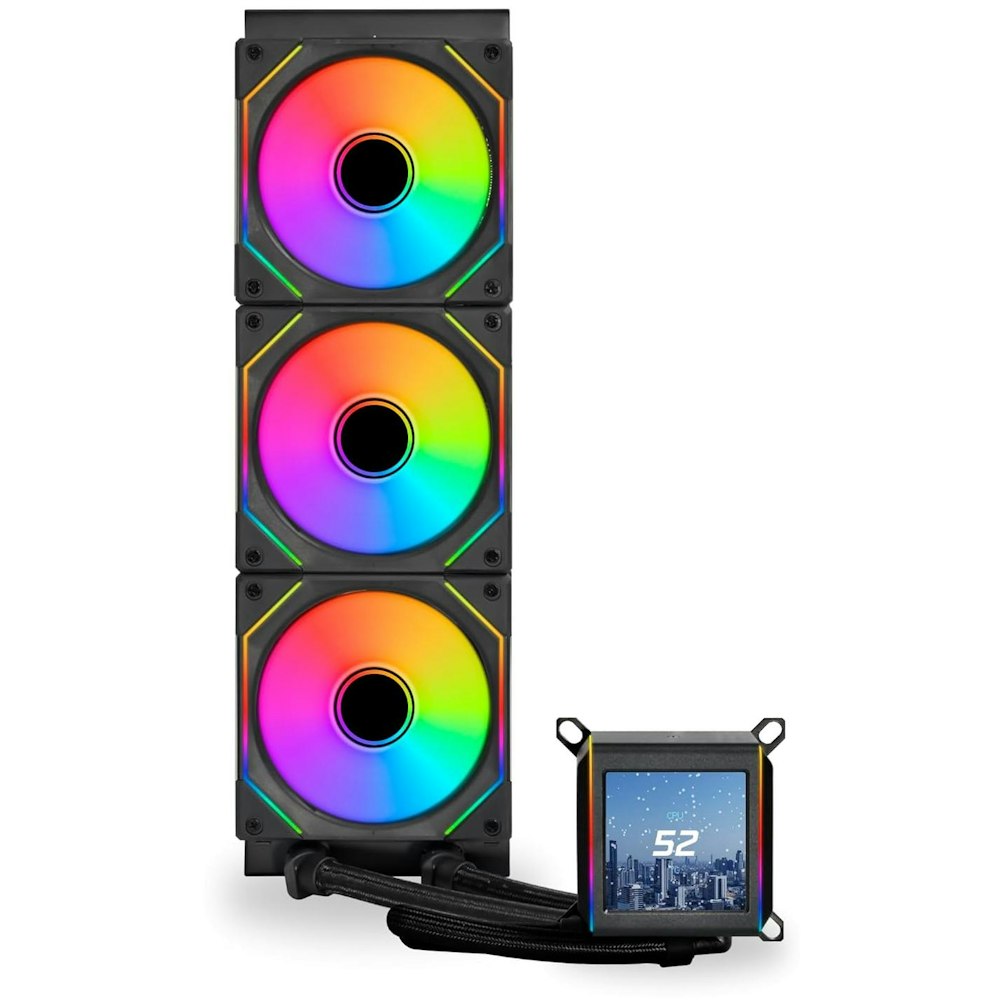 A large main feature product image of Lian Li Galahad II LCD SL-INF 360 RGB 360mm AIO Liquid CPU Cooler - Black 