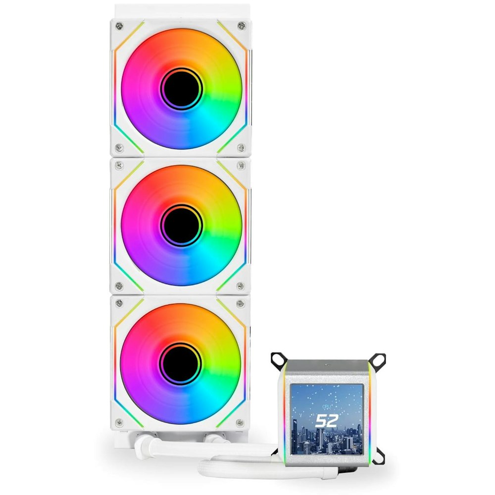 A large main feature product image of Lian Li Galahad II LCD SL-INF 360 RGB 360mm AIO Liquid CPU Cooler - White
