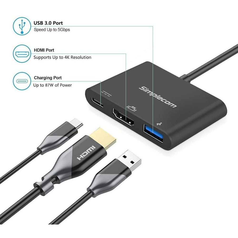 A large main feature product image of Simplecom DA310 USB 3.1 Type C to HDMI USB 3.0 Adapter with PD Charging