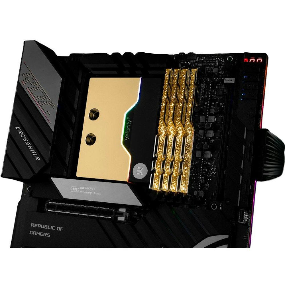 A large main feature product image of EK Quantum Velocity2 D-RGB AM4 Nickel/Gold CPU Waterblock
