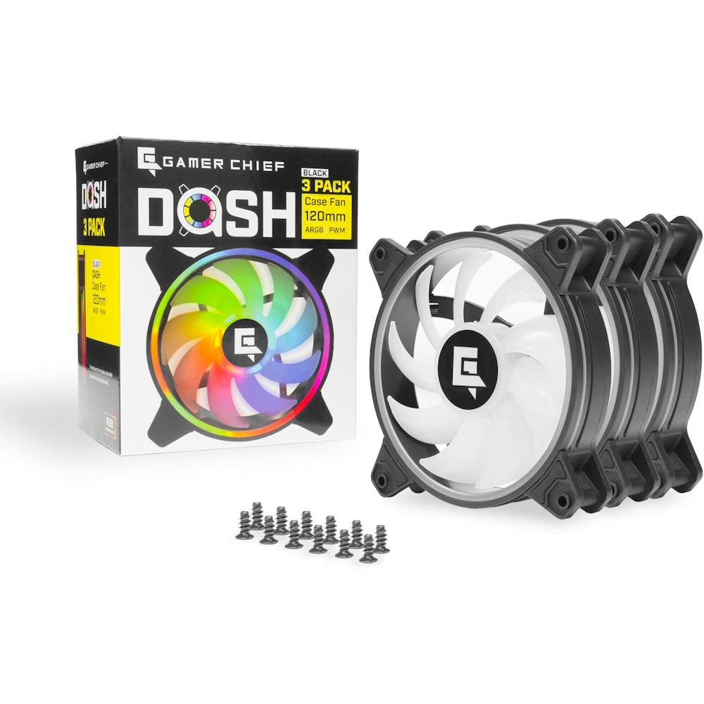 A large main feature product image of GamerChief Dash ARGB PWM 120mm Fan 3 Pack - Black