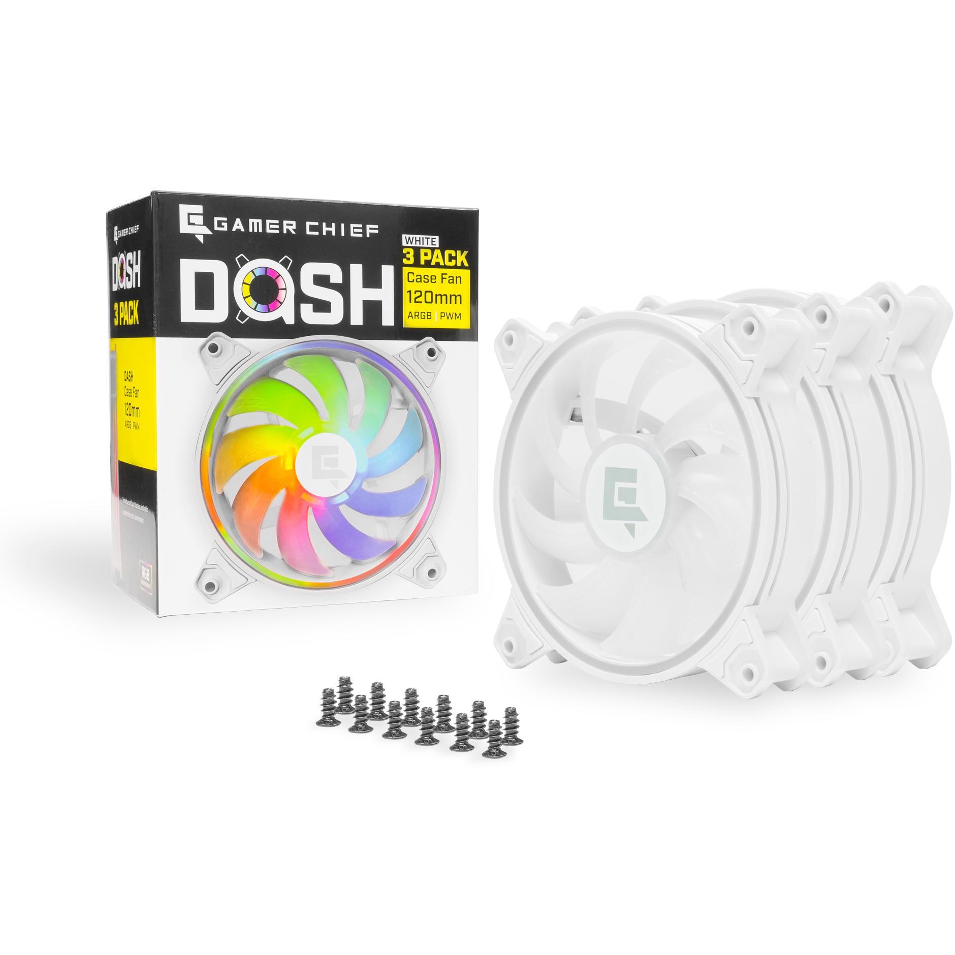 A large main feature product image of GamerChief Dash ARGB PWM 120mm Fan 3 Pack - White