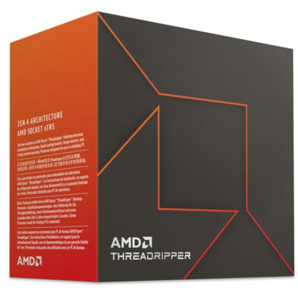 A large main feature product image of AMD Ryzen ThreadRipper 7970X 5.3Ghz 32 Core 64 Thread sTR5 - No HSF Retail Box