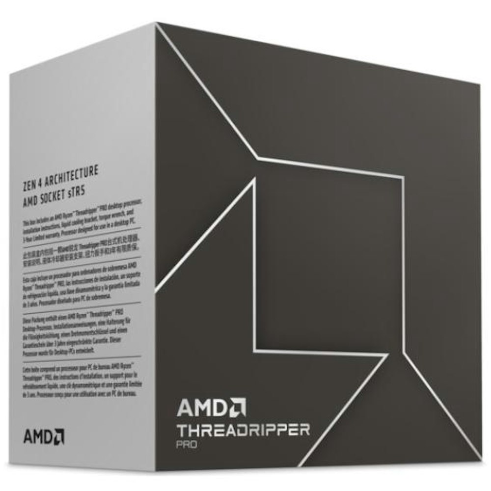 A large main feature product image of AMD Ryzen ThreadRipper Pro 7985WX  5.1Ghz 64 Core 128 Thread sTR5 - No HSF Retail Box