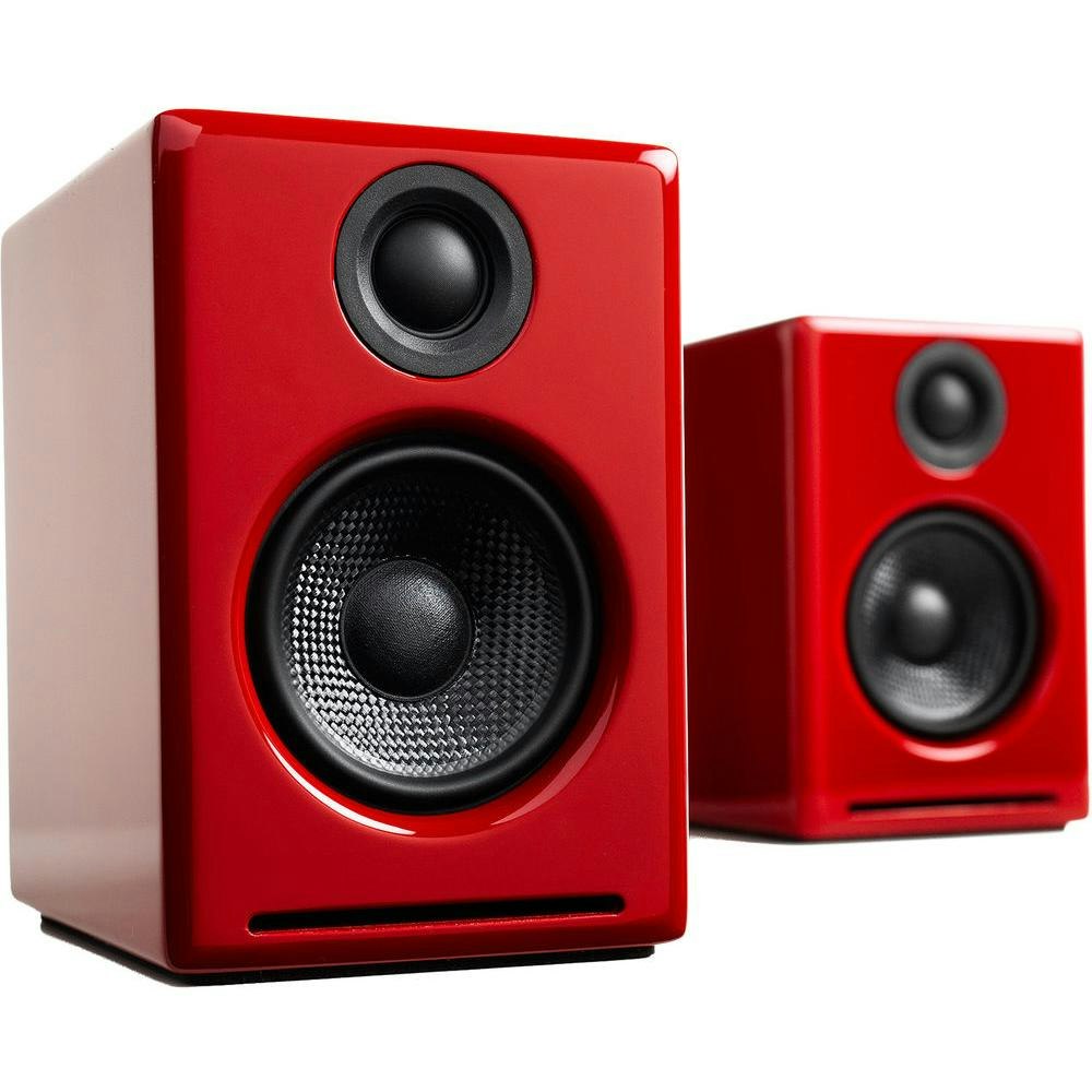 A large main feature product image of Audioengine A2+ Powered Wireless Desktop Speakers - Gloss Red