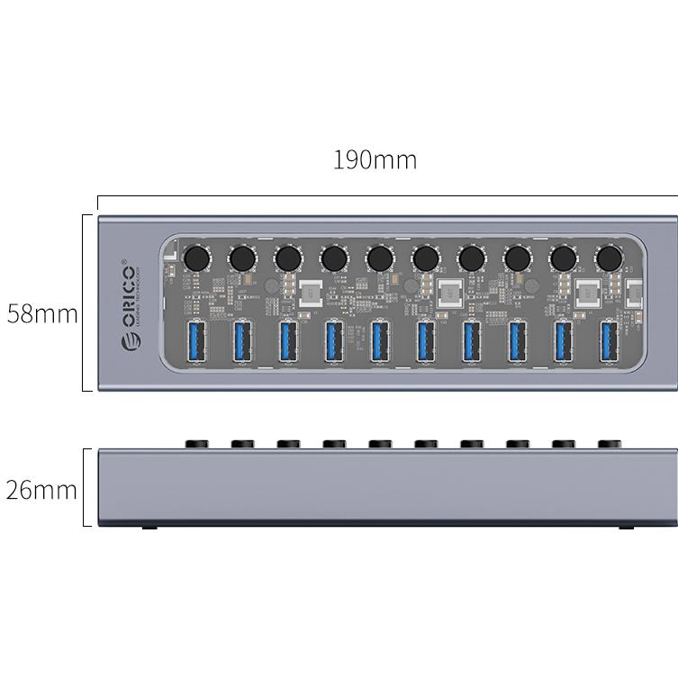 A large main feature product image of ORICO 10 Port USB3.0 Multi-Port USB Hub w/ Individual Switches