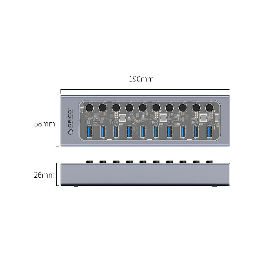 A large main feature product image of ORICO 10 Port USB3.0 Multi-Port USB Hub w/ Individual Switches