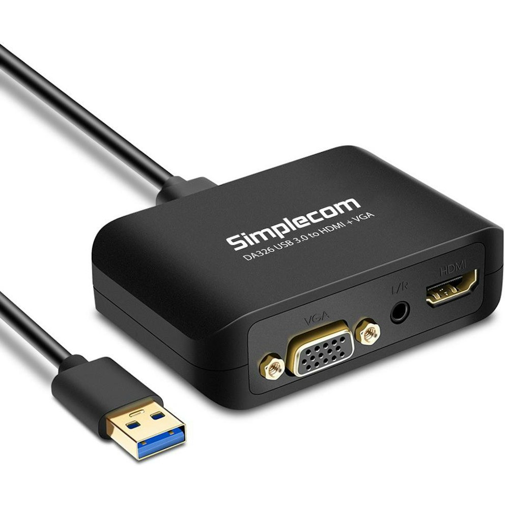 A large main feature product image of Simplecom DA326 USB 3.0 Type-A to HDMI + VGA + 3.5mm Audio Adaptor