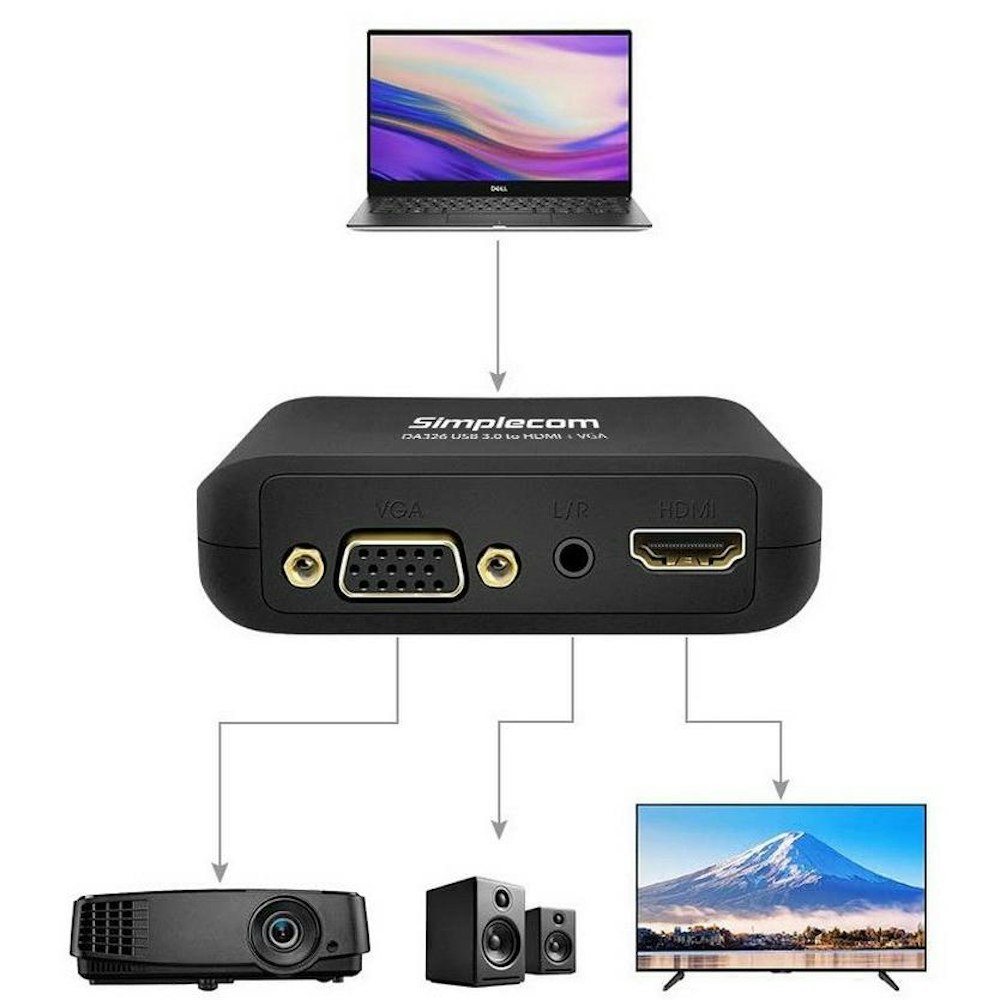 A large main feature product image of Simplecom DA326 USB 3.0 Type-A to HDMI + VGA + 3.5mm Audio Adaptor