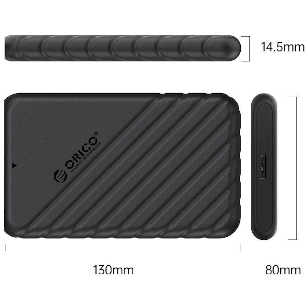 A large main feature product image of ORICO 2.5" SATA HDD/SSD USB3.0 Enclosure - Micro-B - Black