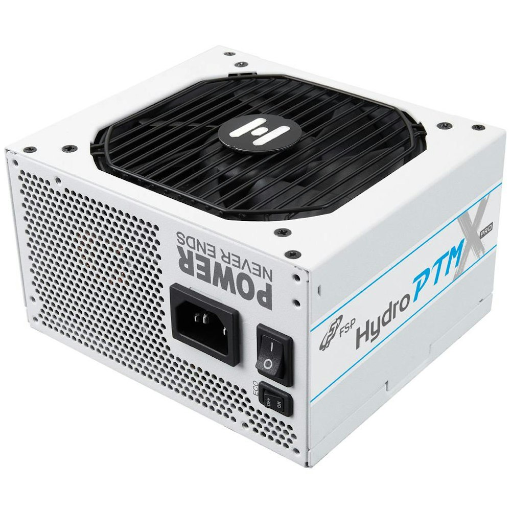 A large main feature product image of FSP Hydro PTM PRO 1200W Platinum PCIe 5.0 ATX Modular PSU - White