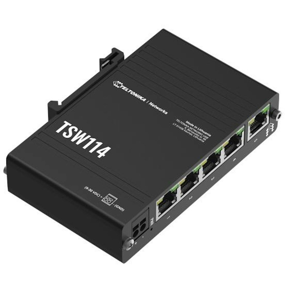 A large main feature product image of Teltonika TSW114 Gigabit Din Rail Switch - 5 Port